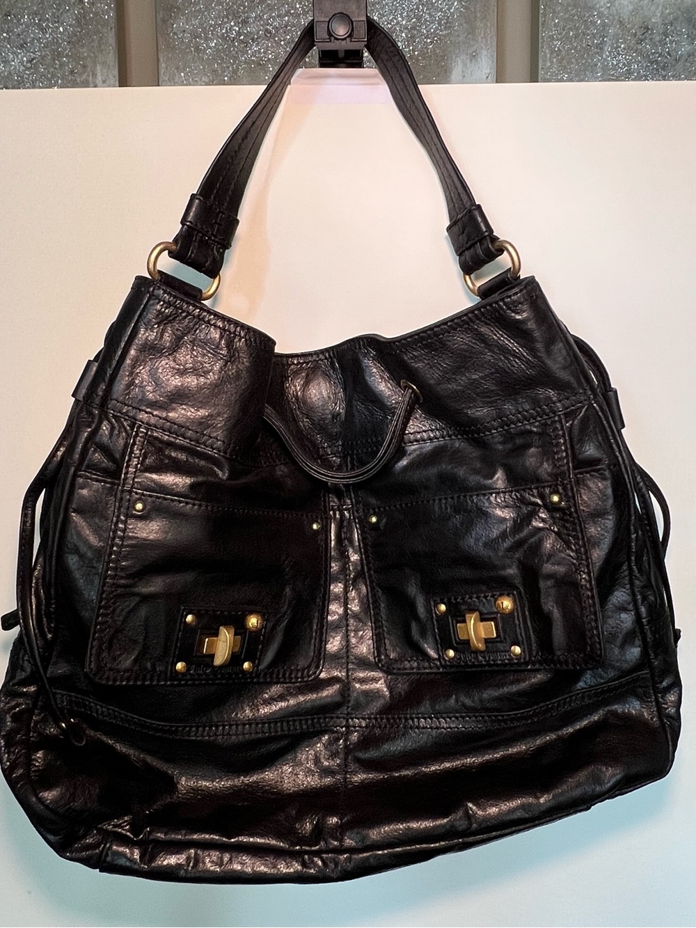 VNTG Juicy Couture Black Leather Hobo Shoulder Bag Gold Hardware Drawstring Y2K